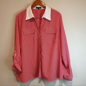 Notations Red / White Striped Long Sleeve V Neck Blouse